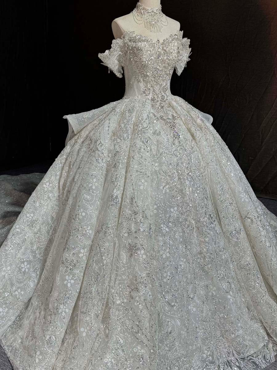 Sparkling Ivory Sequin Off Shoulder Ball Gown Wedding Dress Ruffles Sleeves Long Train Bridal Gown - Image 5