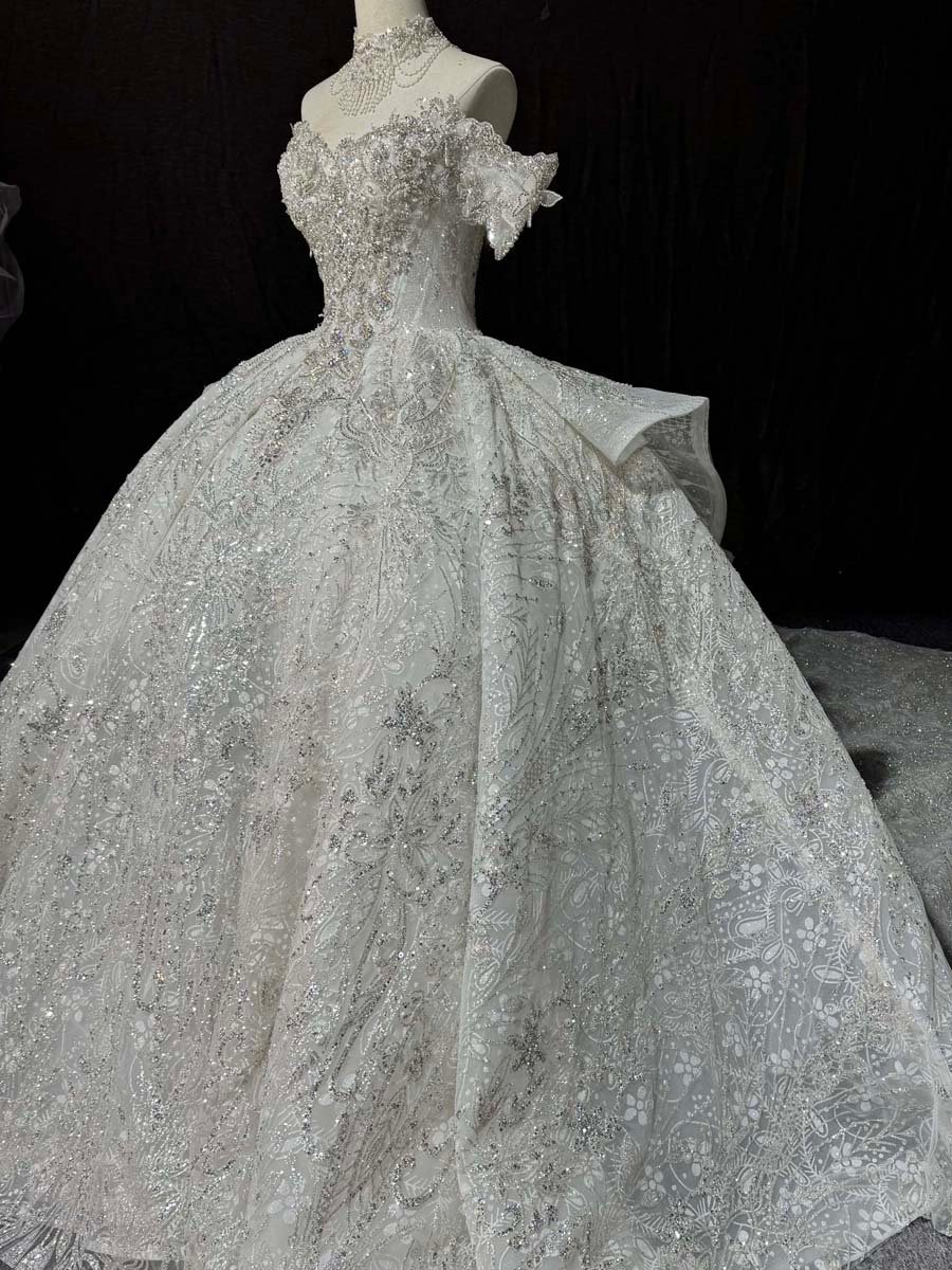 Sparkling Ivory Sequin Off Shoulder Ball Gown Wedding Dress Ruffles Sleeves Long Train Bridal Gown - Image 4