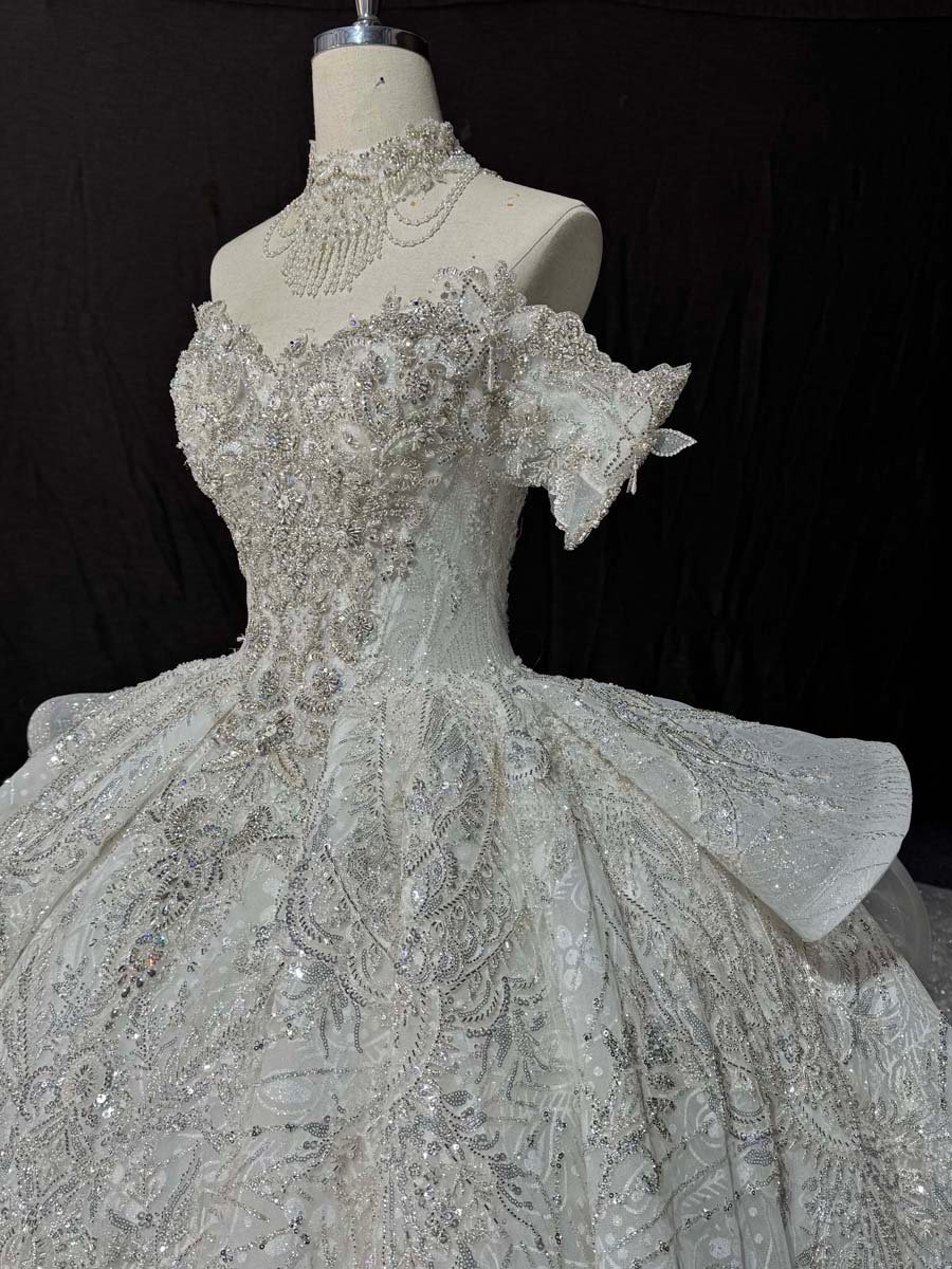 Sparkling Ivory Sequin Off Shoulder Ball Gown Wedding Dress Ruffles Sleeves Long Train Bridal Gown - Image 6