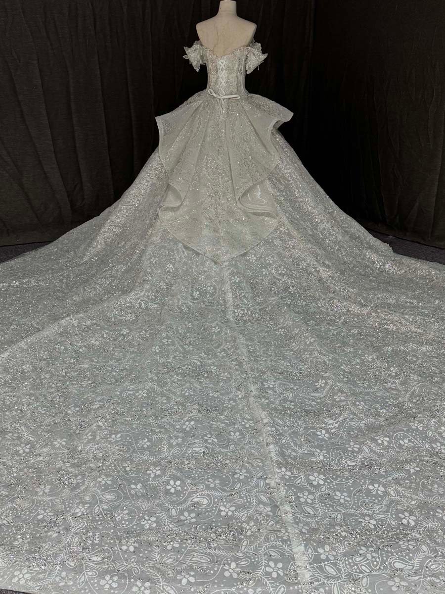 Sparkling Ivory Sequin Off Shoulder Ball Gown Wedding Dress Ruffles Sleeves Long Train Bridal Gown - Image 2