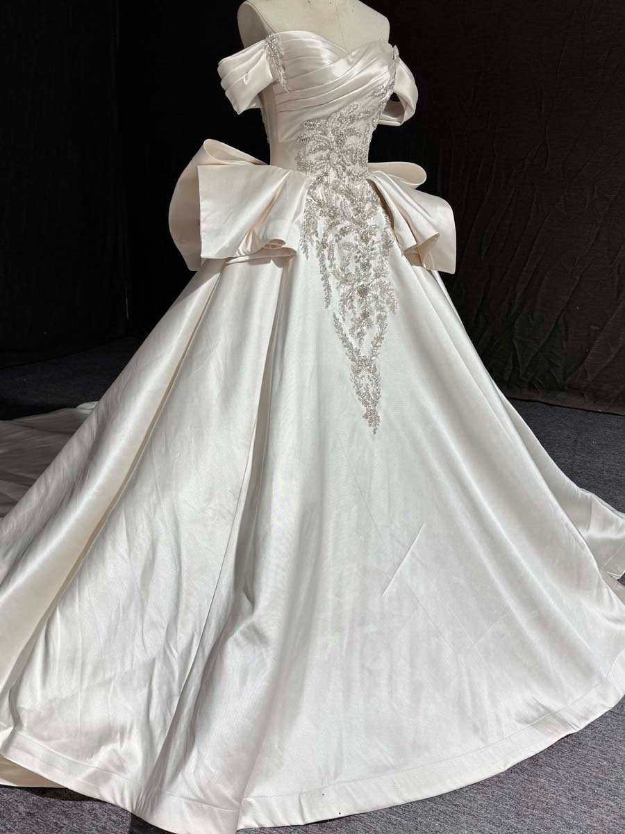 Elegant Ivory Satin Off Shoulder Ball Gown Wedding Dress Beaded Puffy Sleeves Long Train Bridal Gown - Image 6