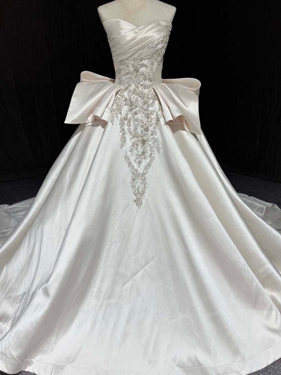 Elegant Ivory Satin Off Shoulder Ball Gown Wedding Dress Beaded Puffy Sleeves Long Train Bridal Gown - Image 5