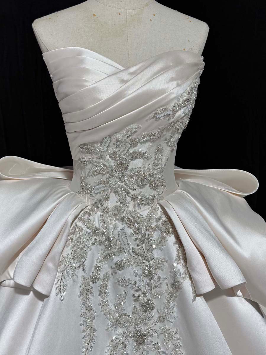 Elegant Ivory Satin Off Shoulder Ball Gown Wedding Dress Beaded Puffy Sleeves Long Train Bridal Gown - Image 3