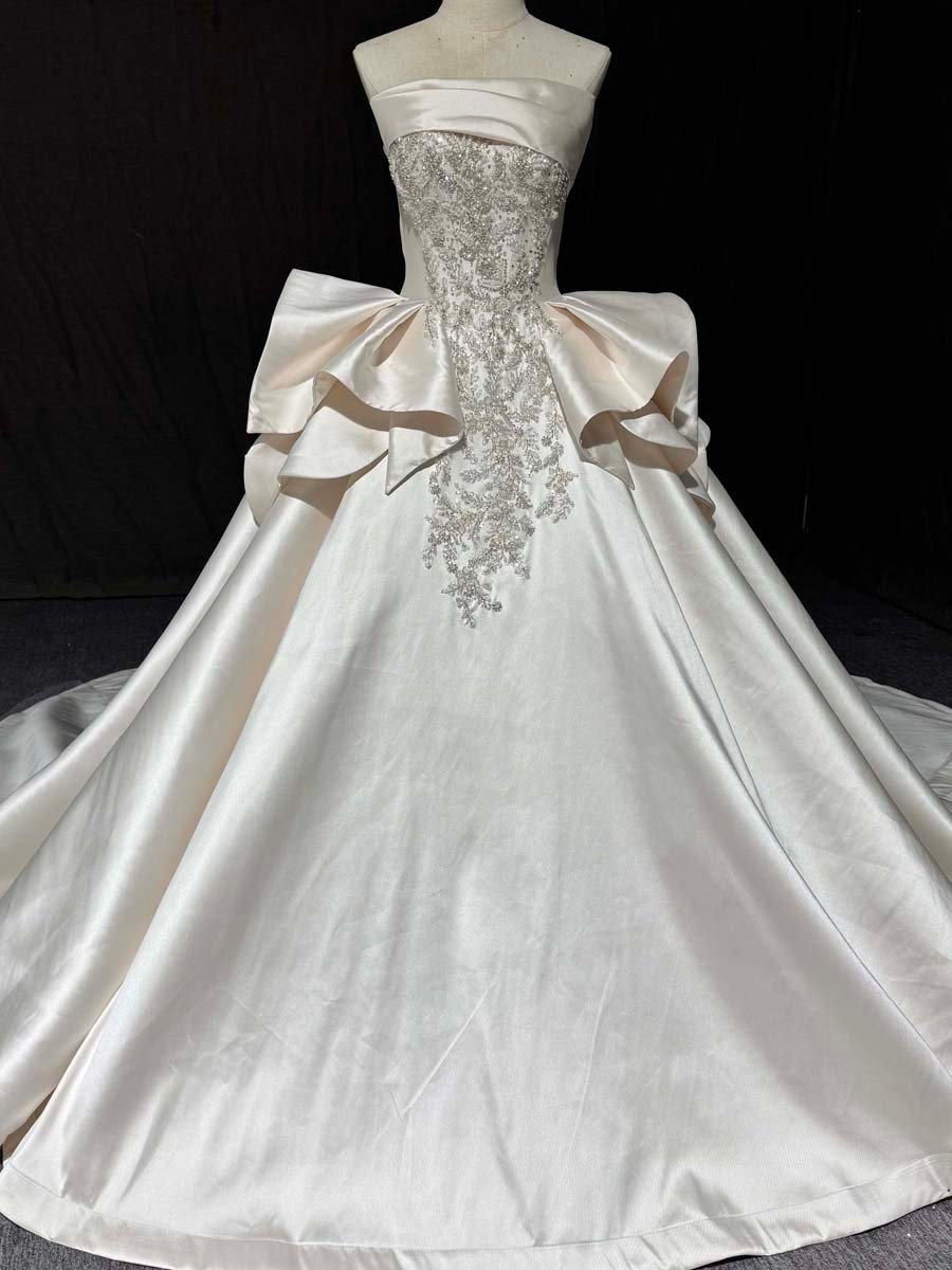 Graceful Ivory Satin Strapless Ball Gown Wedding Dress Beaded Ruffles Long Train Bridal Gown