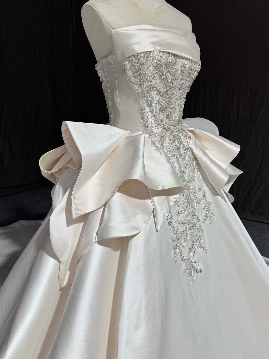 Graceful Ivory Satin Strapless Ball Gown Wedding Dress Beaded Ruffles Long Train Bridal Gown - Image 3