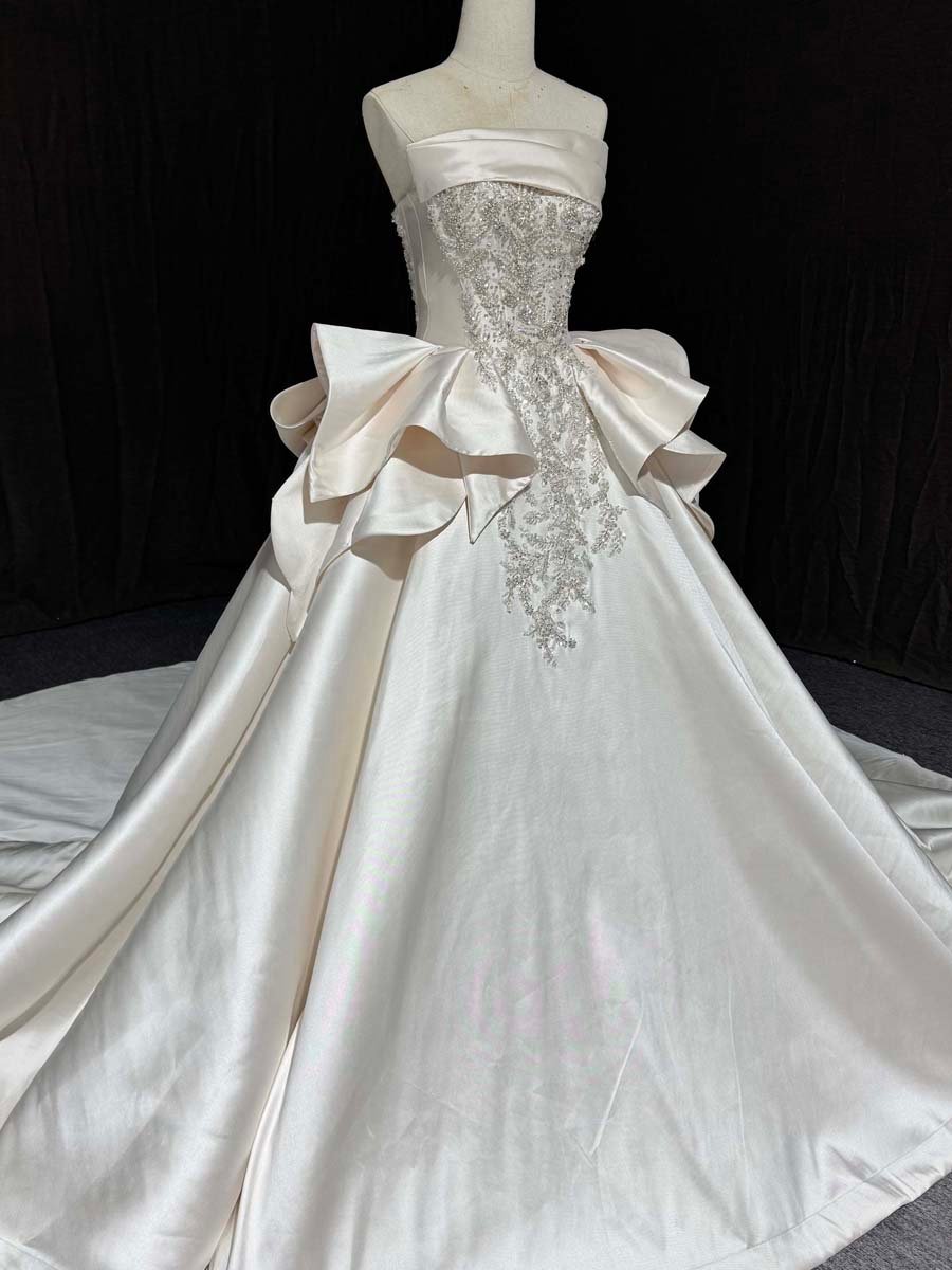 Graceful Ivory Satin Strapless Ball Gown Wedding Dress Beaded Ruffles Long Train Bridal Gown - Image 6