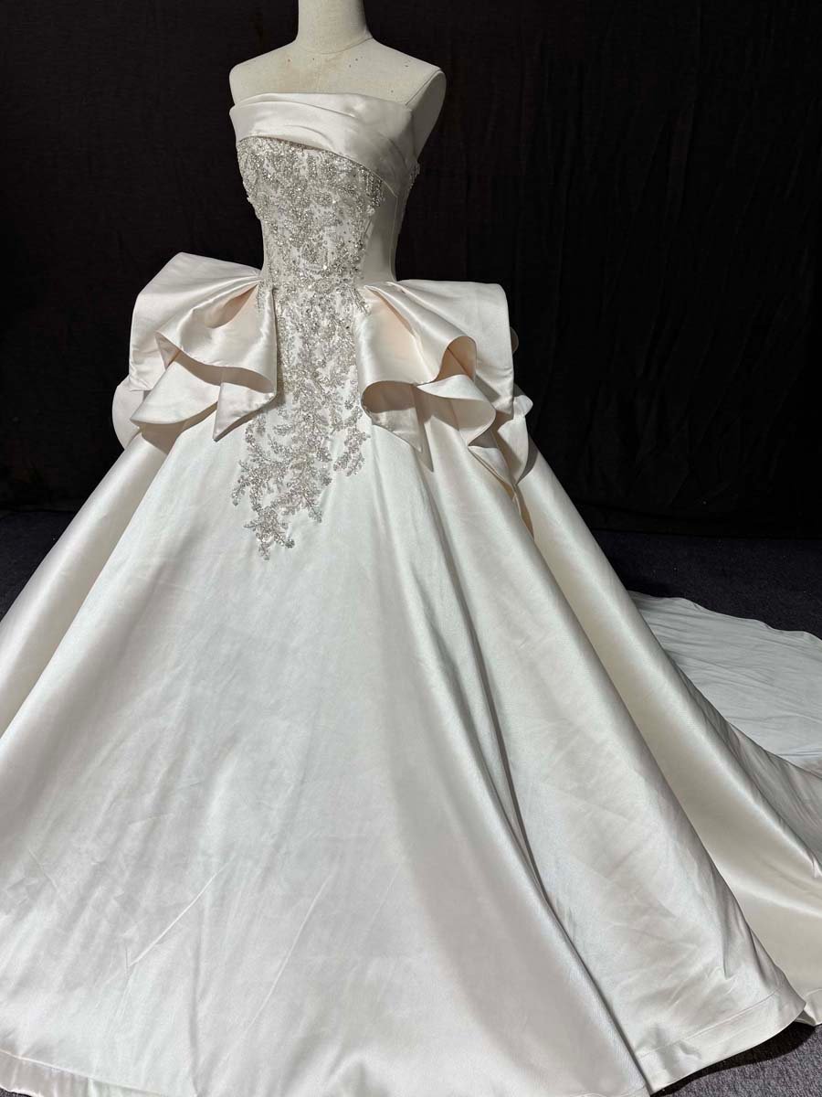 Graceful Ivory Satin Strapless Ball Gown Wedding Dress Beaded Ruffles Long Train Bridal Gown - Image 7