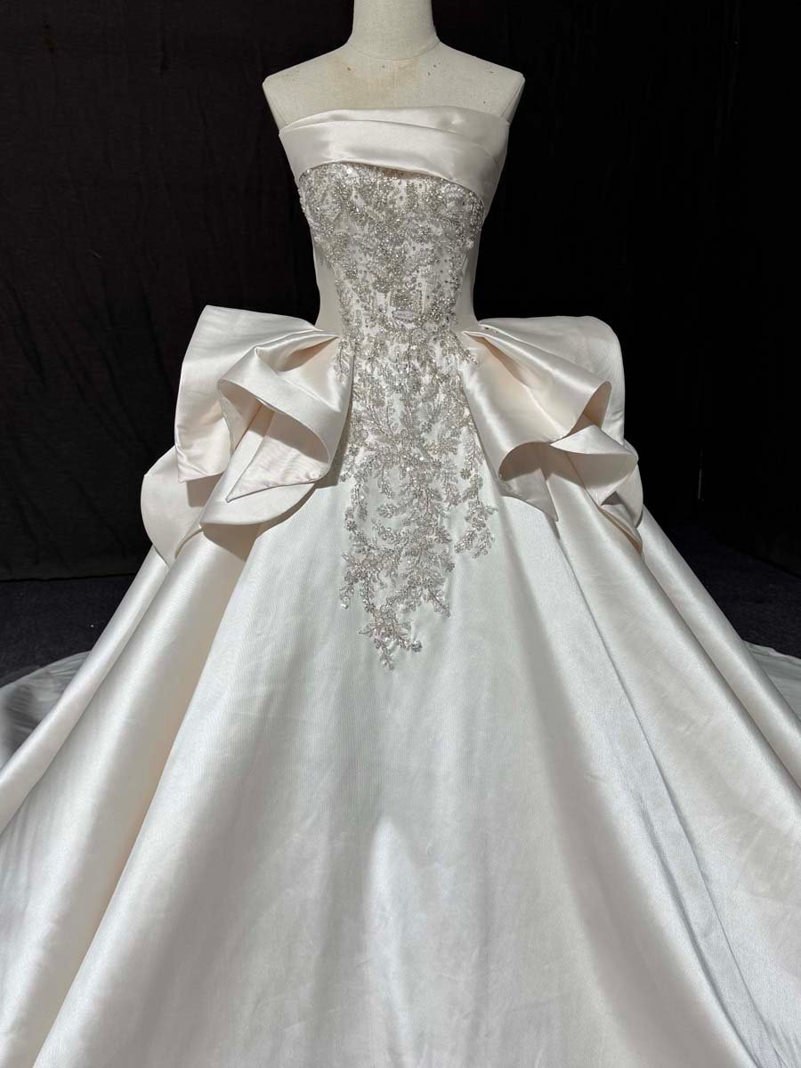 Graceful Ivory Satin Strapless Ball Gown Wedding Dress Beaded Ruffles Long Train Bridal Gown - Image 4
