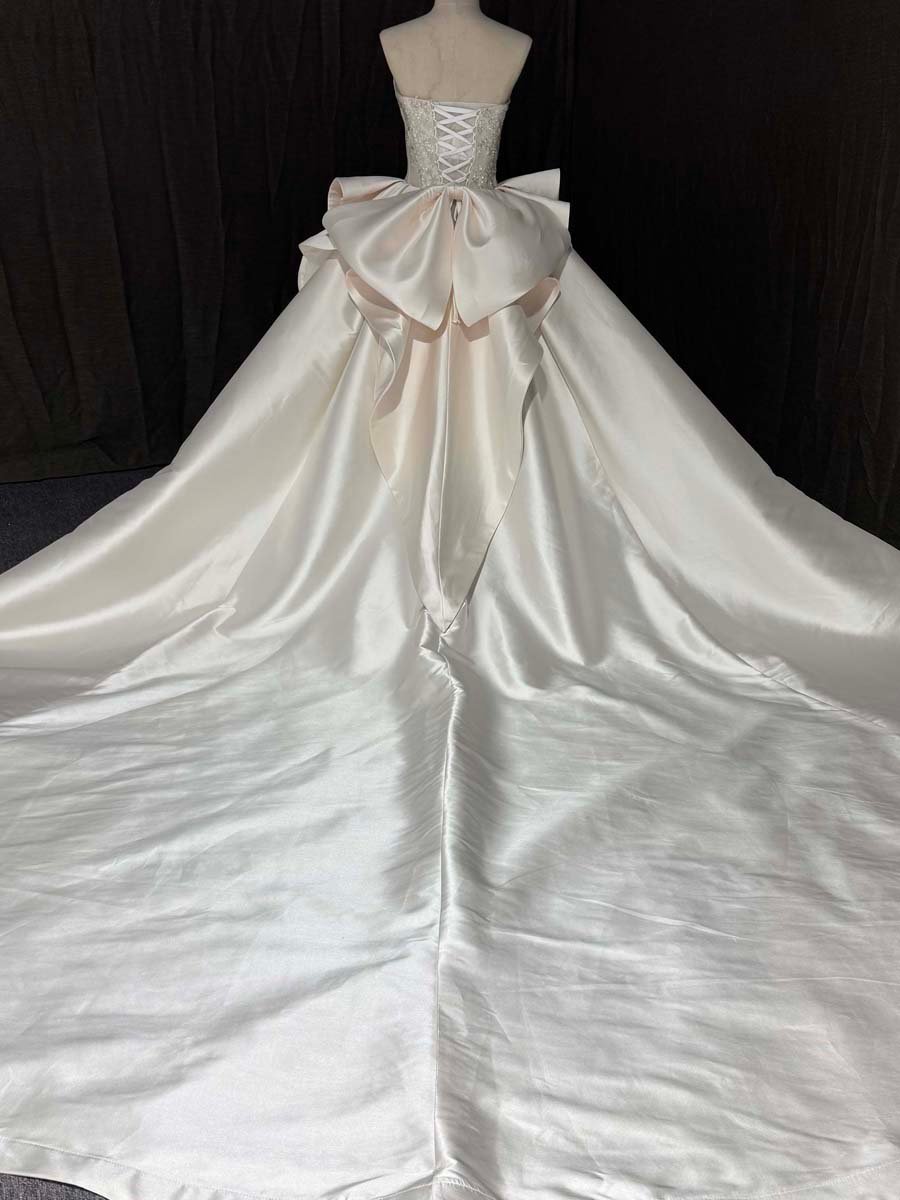 Graceful Ivory Satin Strapless Ball Gown Wedding Dress Beaded Ruffles Long Train Bridal Gown - Image 2