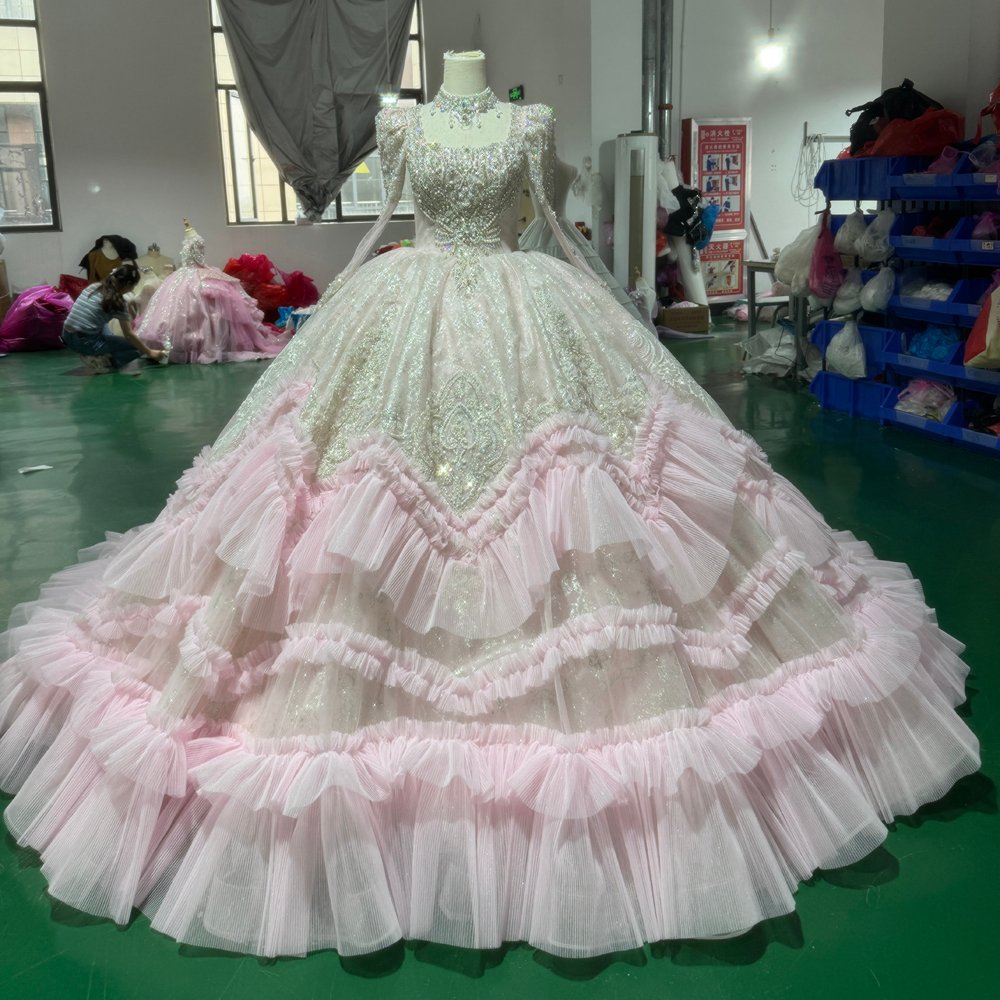 Sparkling Beaded Pink Ruffle Ball Gown Quinceanera Dress Long Sleeve Dress Sweet 16 Dress