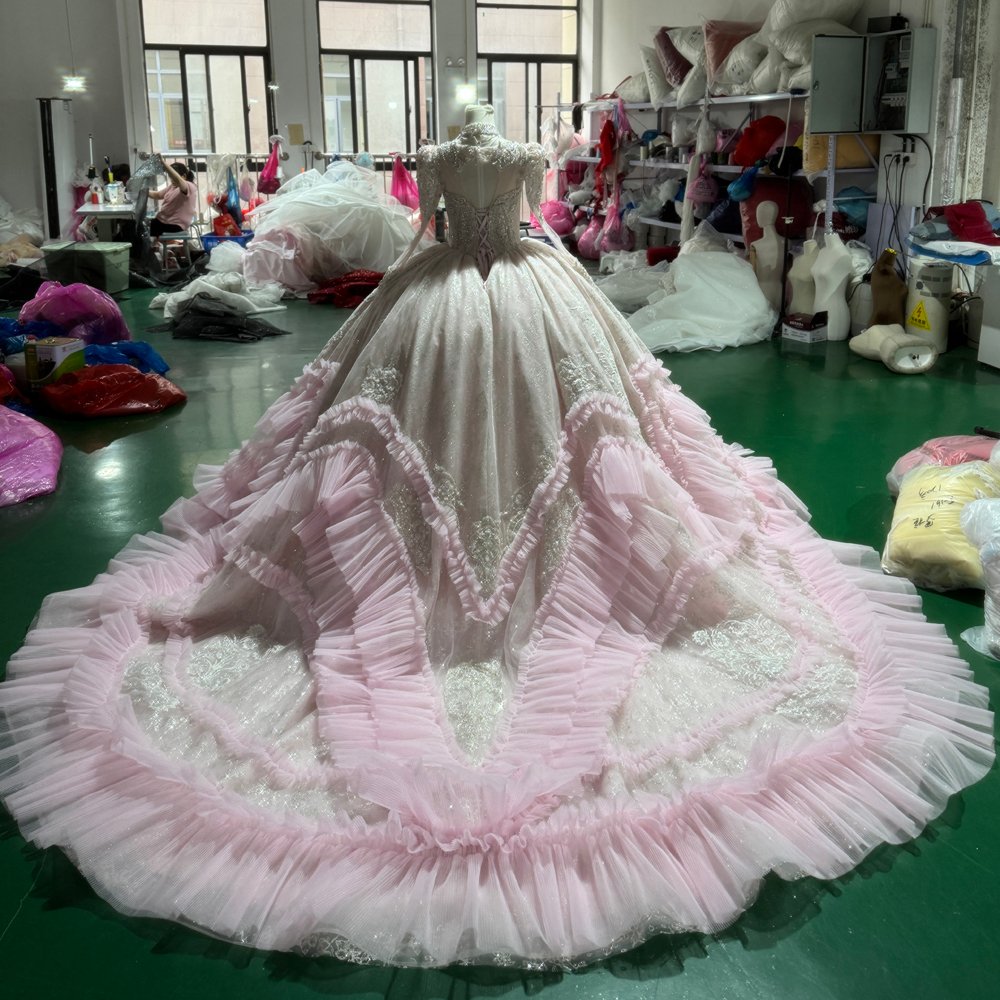 Sparkling Beaded Pink Ruffle Ball Gown Quinceanera Dress Long Sleeve Dress Sweet 16 Dress - Image 2