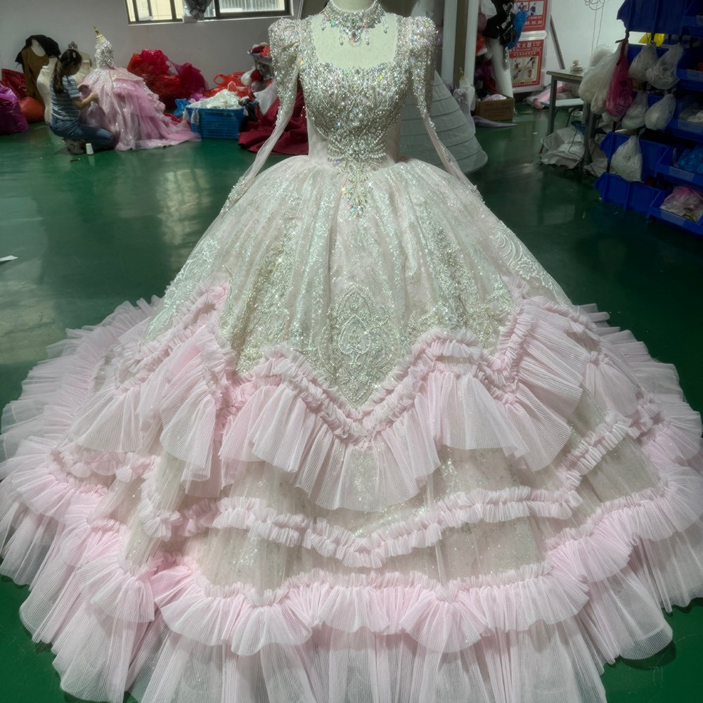 Sparkling Beaded Pink Ruffle Ball Gown Quinceanera Dress Long Sleeve Dress Sweet 16 Dress - Image 4