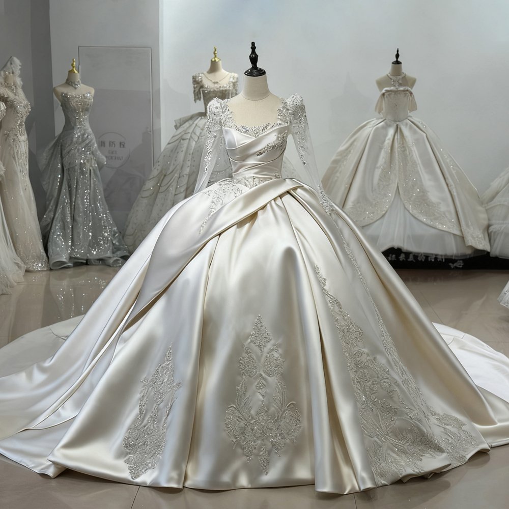 Exquisite Satin Ivory Long Sleeve Ball Gown Wedding Dress Beaded Backless Gown Bridal Dress