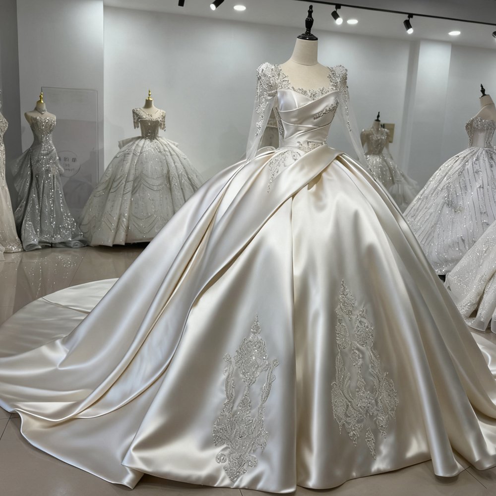 Exquisite Satin Ivory Long Sleeve Ball Gown Wedding Dress Beaded Backless Gown Bridal Dress - Image 5
