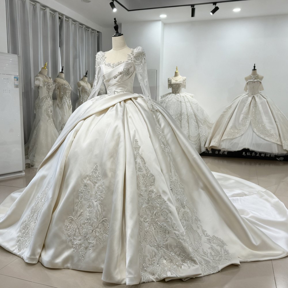 Exquisite Satin Ivory Long Sleeve Ball Gown Wedding Dress Beaded Backless Gown Bridal Dress - Image 4