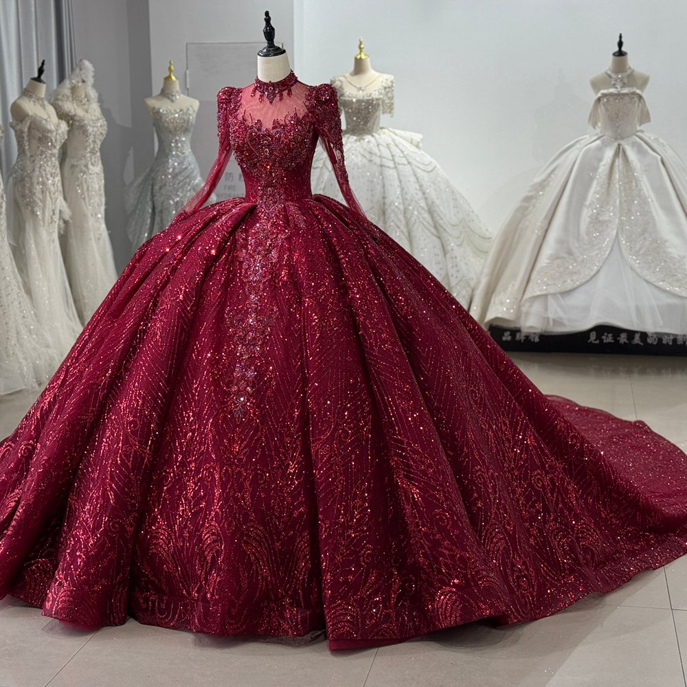 Luxurious Beaded Red High Neck Ball Gown Wedding Dress Long Sleeve Gown Bridal Dress - Image 5