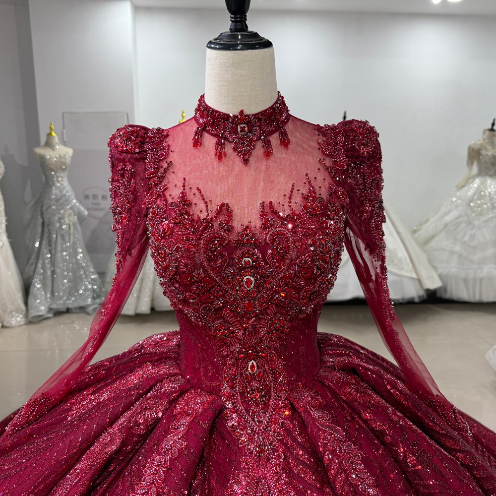 Luxurious Beaded Red High Neck Ball Gown Wedding Dress Long Sleeve Gown Bridal Dress - Image 3
