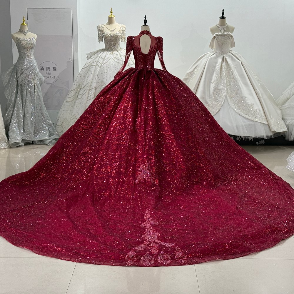Luxurious Beaded Red High Neck Ball Gown Wedding Dress Long Sleeve Gown Bridal Dress - Image 2