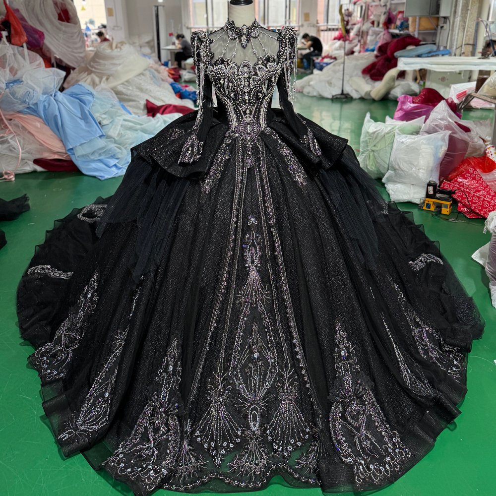 Stunning Black Long Sleeve Sweet 16 Quinceanera Dresses Ball Gown High Neck Gothic Dress 15th Birthday Princess Gown - Image 4
