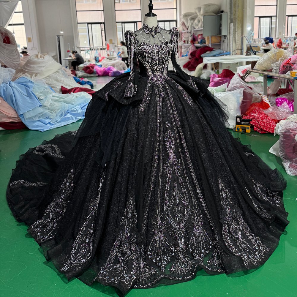 Stunning Black Long Sleeve Sweet 16 Quinceanera Dresses Ball Gown High Neck Gothic Dress 15th Birthday Princess Gown - Image 3