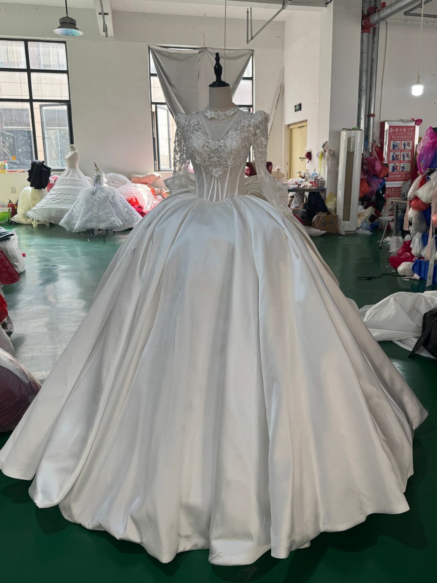 Royal Ivory Long Sleeve High Neck Wedding Dress Satin Ball Gown Big Bow Bridal Gown Lace Up Back Gown - Image 4