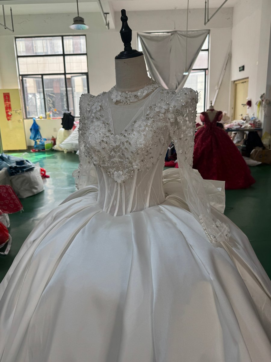 Royal Ivory Long Sleeve High Neck Wedding Dress Satin Ball Gown Big Bow Bridal Gown Lace Up Back Gown - Image 2