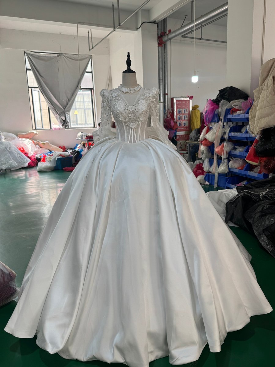 Royal Ivory Long Sleeve High Neck Wedding Dress Satin Ball Gown Big Bow Bridal Gown Lace Up Back Gown