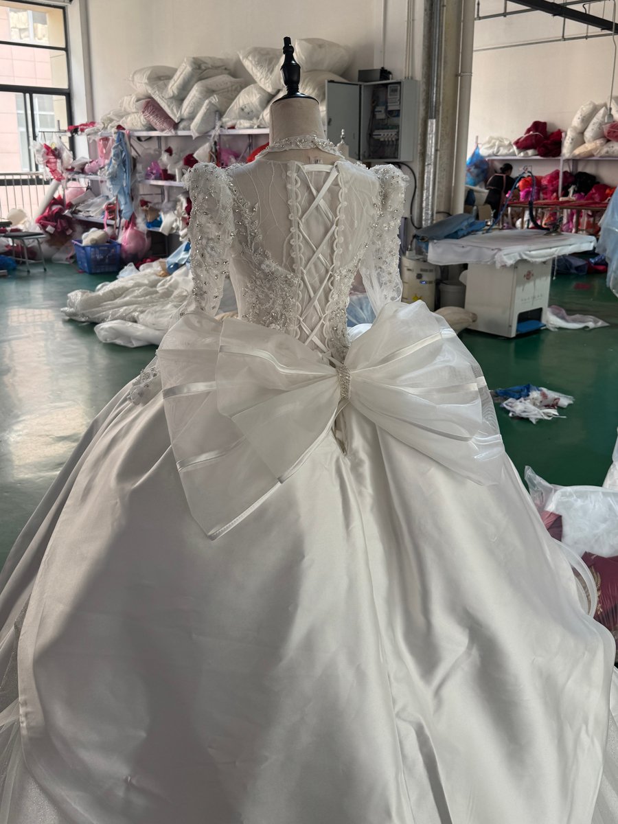 Royal Ivory Long Sleeve High Neck Wedding Dress Satin Ball Gown Big Bow Bridal Gown Lace Up Back Gown - Image 3