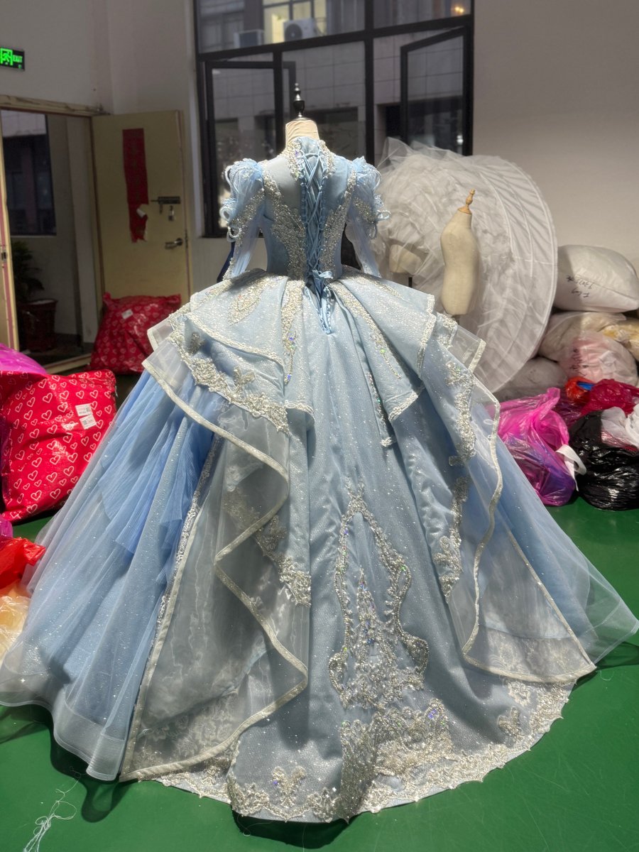 Gorgeous Blue Long Sleeve Quinceanera Dresses High Neck Diamond Ball Gown Sweet 16 Dress 15th Birthday Princess Gown - Image 2