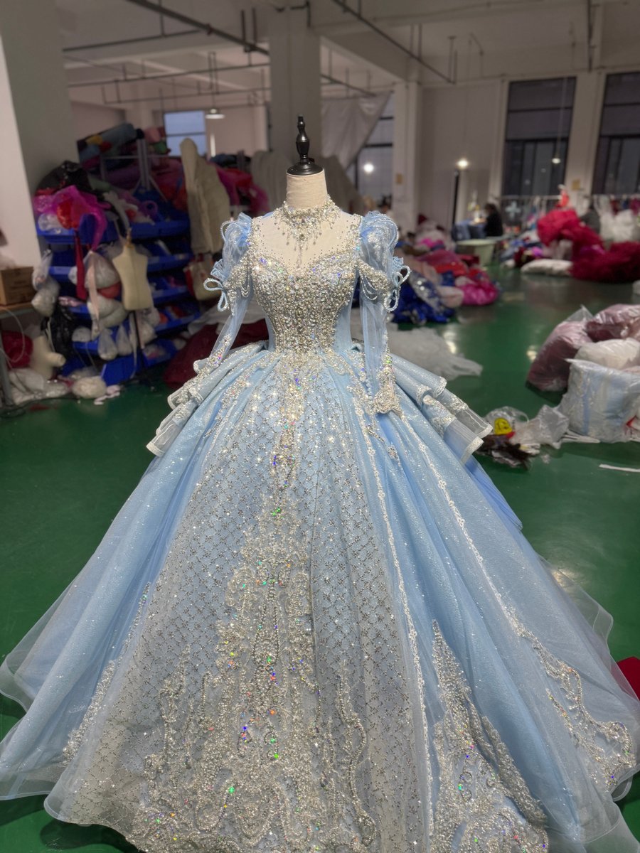 Gorgeous Blue Long Sleeve Quinceanera Dresses High Neck Diamond Ball Gown Sweet 16 Dress 15th Birthday Princess Gown - Image 4