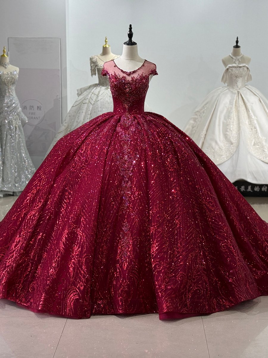 Luxurious Red Wedding Dress Beaded Glitter Sparkle Bridal Gown Cap Sleeve Quinceanera