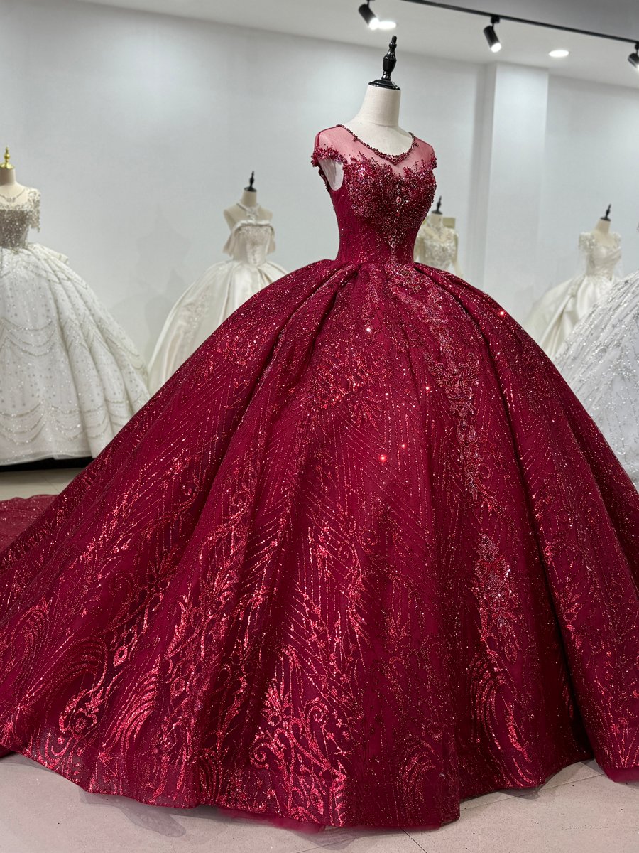Luxurious Red Wedding Dress Beaded Glitter Sparkle Bridal Gown Cap Sleeve Quinceanera - Image 4