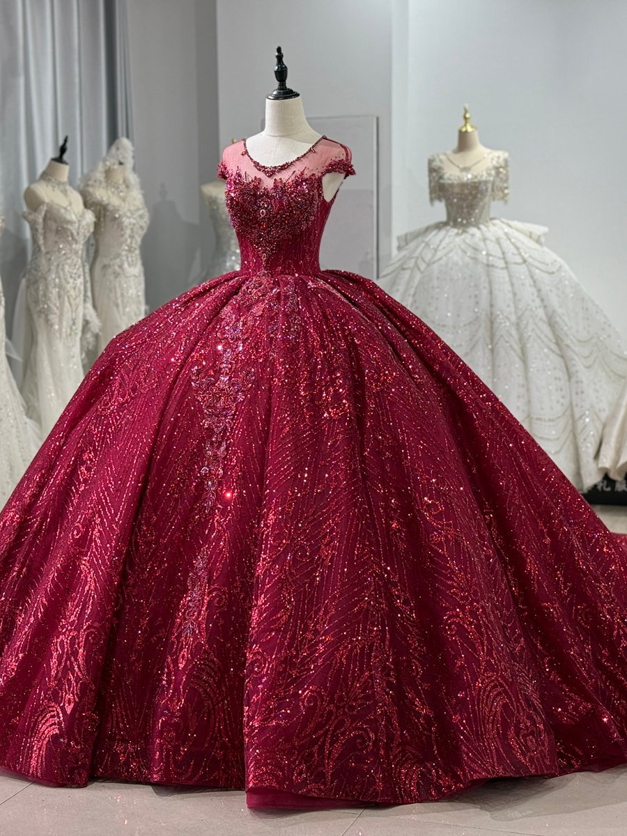 Luxurious Red Wedding Dress Beaded Glitter Sparkle Bridal Gown Cap Sleeve Quinceanera - Image 5