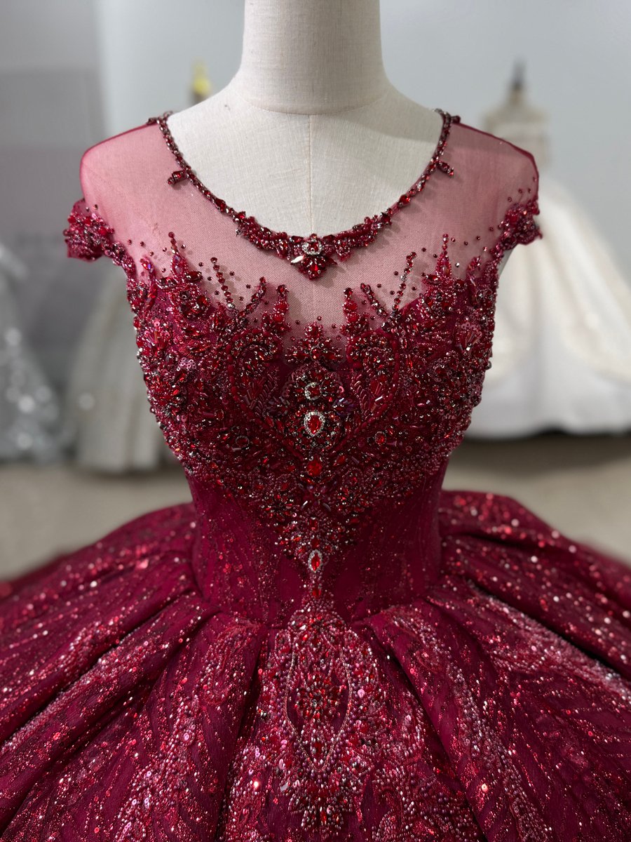 Luxurious Red Wedding Dress Beaded Glitter Sparkle Bridal Gown Cap Sleeve Quinceanera - Image 3
