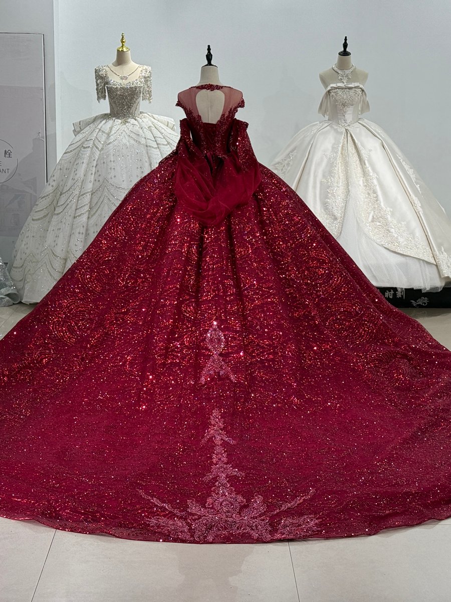 Luxurious Red Wedding Dress Beaded Glitter Sparkle Bridal Gown Cap Sleeve Quinceanera - Image 2