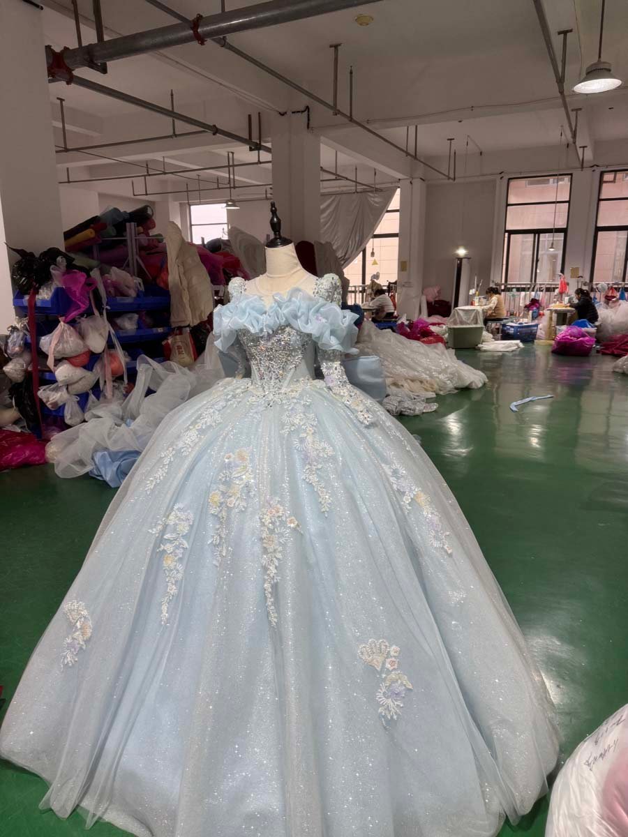 Sparkling Light Blue Quinceanera Dress Ruffles Glitter Embroidered Ball Gown Off Shoulder Sweet Sixteen - Image 3