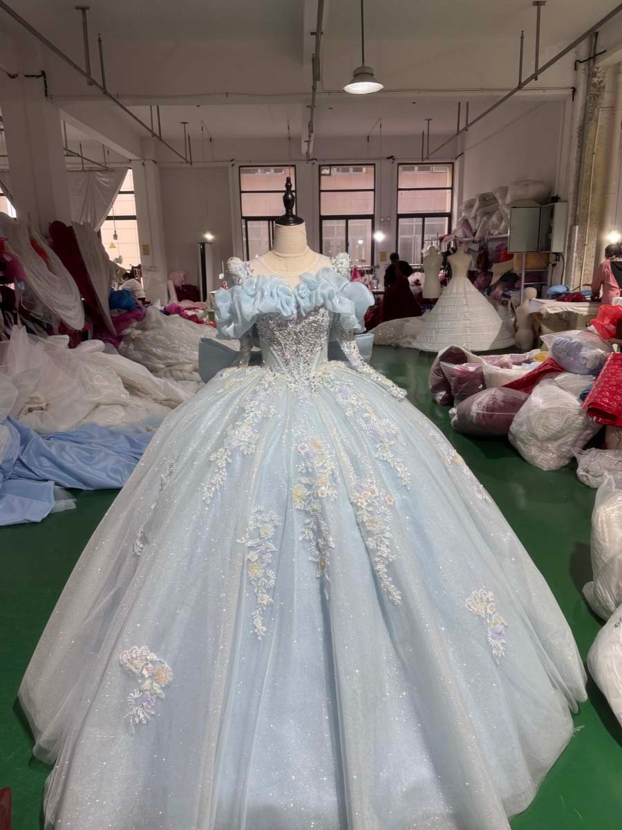 Sparkling Light Blue Quinceanera Dress Ruffles Glitter Embroidered Ball Gown Off Shoulder Sweet Sixteen
