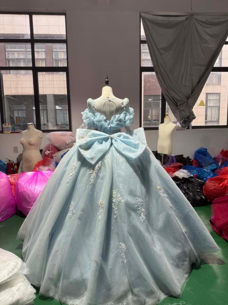 Sparkling Light Blue Quinceanera Dress Ruffles Glitter Embroidered Ball Gown Off Shoulder Sweet Sixteen - Image 2