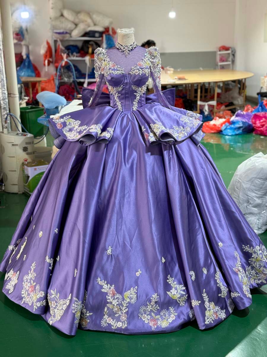 Royal Purple High Neck Long Sleeve Quinceanera Dress Embroidered Applique Bow Detail Ball Gown Cathedral Train