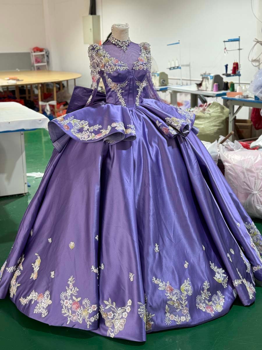 Royal Purple High Neck Long Sleeve Quinceanera Dress Embroidered Applique Bow Detail Ball Gown Cathedral Train - Image 3