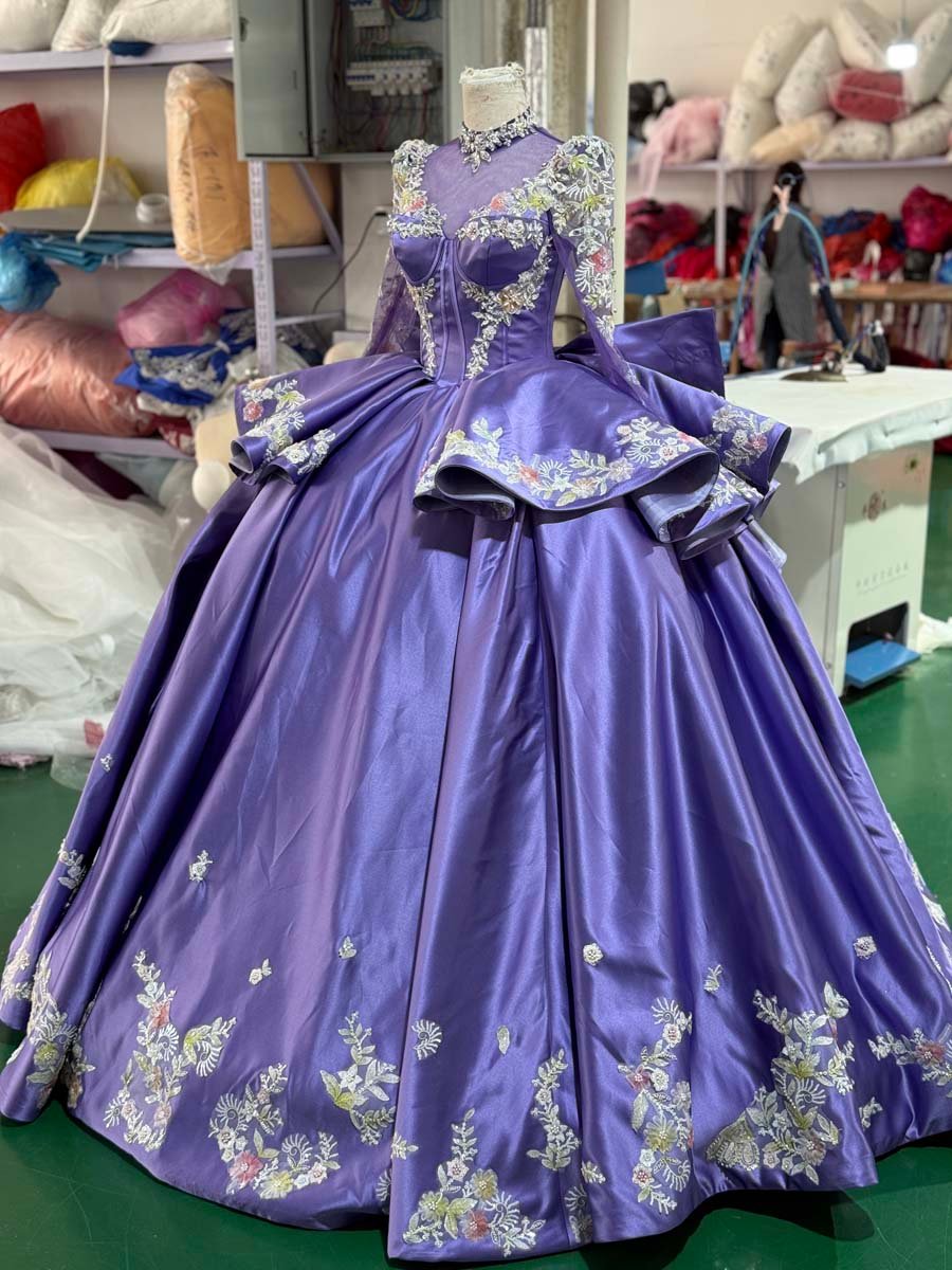 Royal Purple High Neck Long Sleeve Quinceanera Dress Embroidered Applique Bow Detail Ball Gown Cathedral Train - Image 5