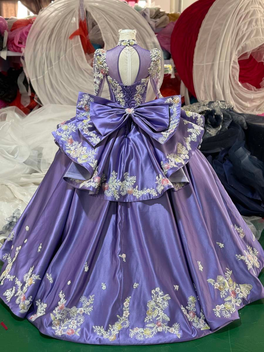 Royal Purple High Neck Long Sleeve Quinceanera Dress Embroidered Applique Bow Detail Ball Gown Cathedral Train - Image 2