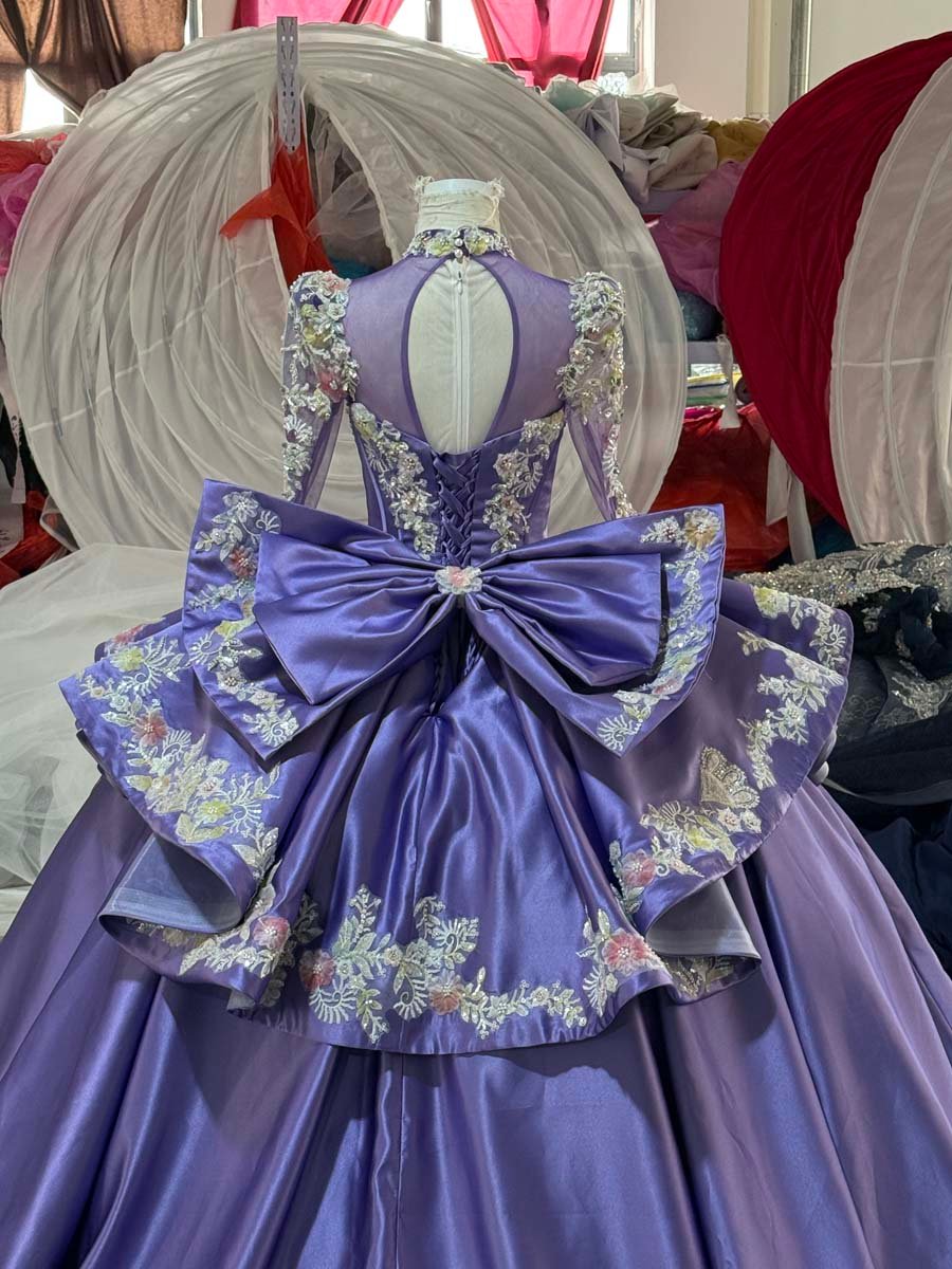 Royal Purple High Neck Long Sleeve Quinceanera Dress Embroidered Applique Bow Detail Ball Gown Cathedral Train - Image 4
