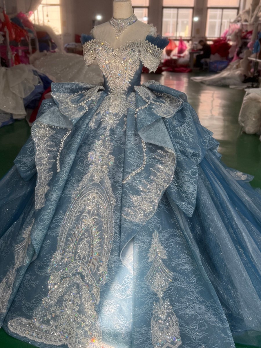 Majestic Dusty Blue Quinceanera Dress Ball Gown Off Shoulder Sparkly Beaded Sweet 16 Dress