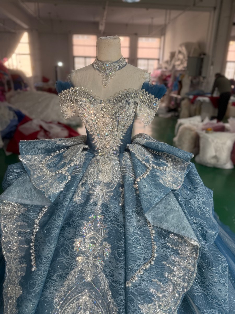 Majestic Dusty Blue Quinceanera Dress Ball Gown Off Shoulder Sparkly Beaded Sweet 16 Dress - Image 3