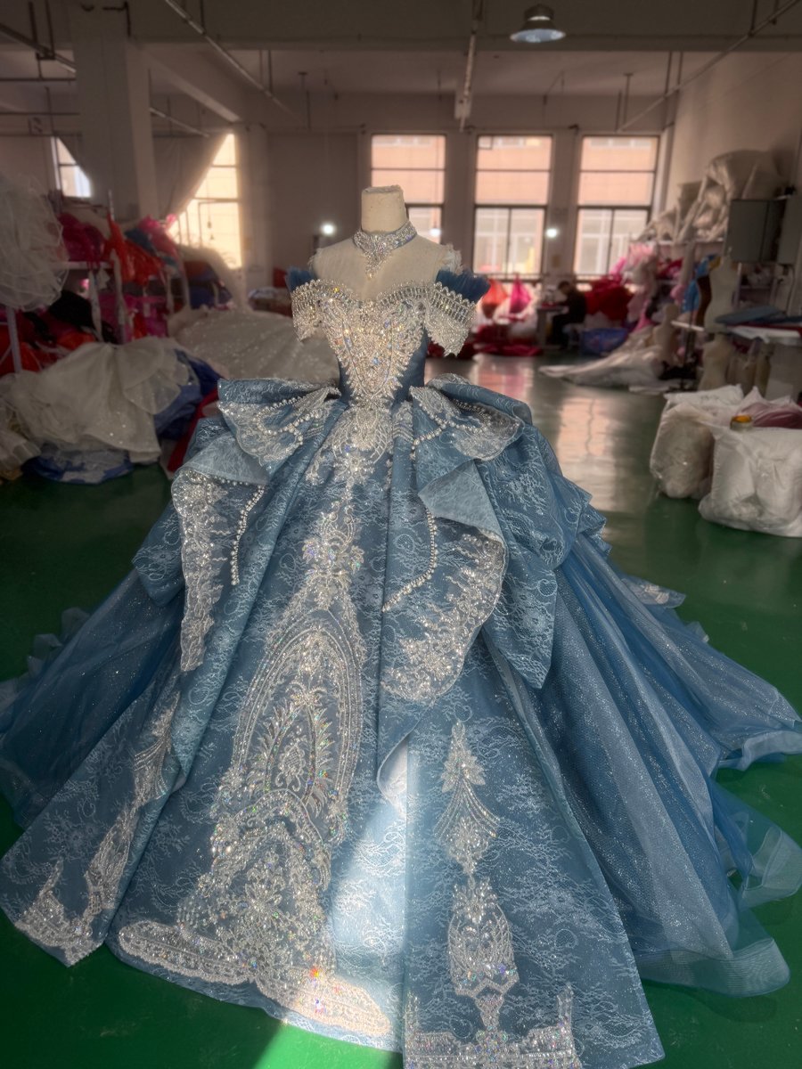 Majestic Dusty Blue Quinceanera Dress Ball Gown Off Shoulder Sparkly Beaded Sweet 16 Dress - Image 5