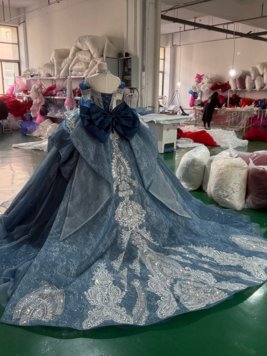 Majestic Dusty Blue Quinceanera Dress Ball Gown Off Shoulder Sparkly Beaded Sweet 16 Dress - Image 2