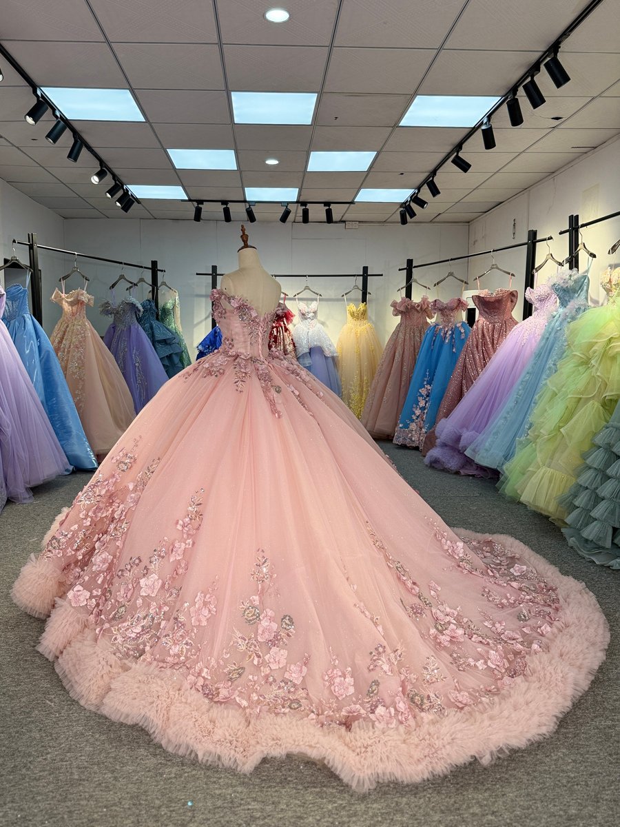 Luxury Pink Quinceanera Dress Off Shoulder 3D Flowers Ruffles Ball Gown Sweet 15 - Image 6