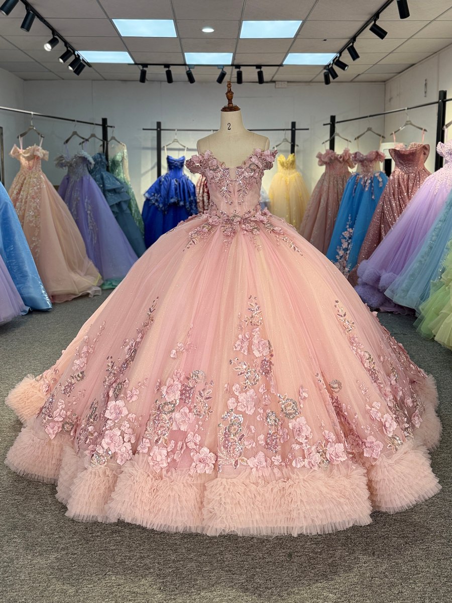 Luxury Pink Quinceanera Dress Off Shoulder 3D Flowers Ruffles Ball Gown Sweet 15
