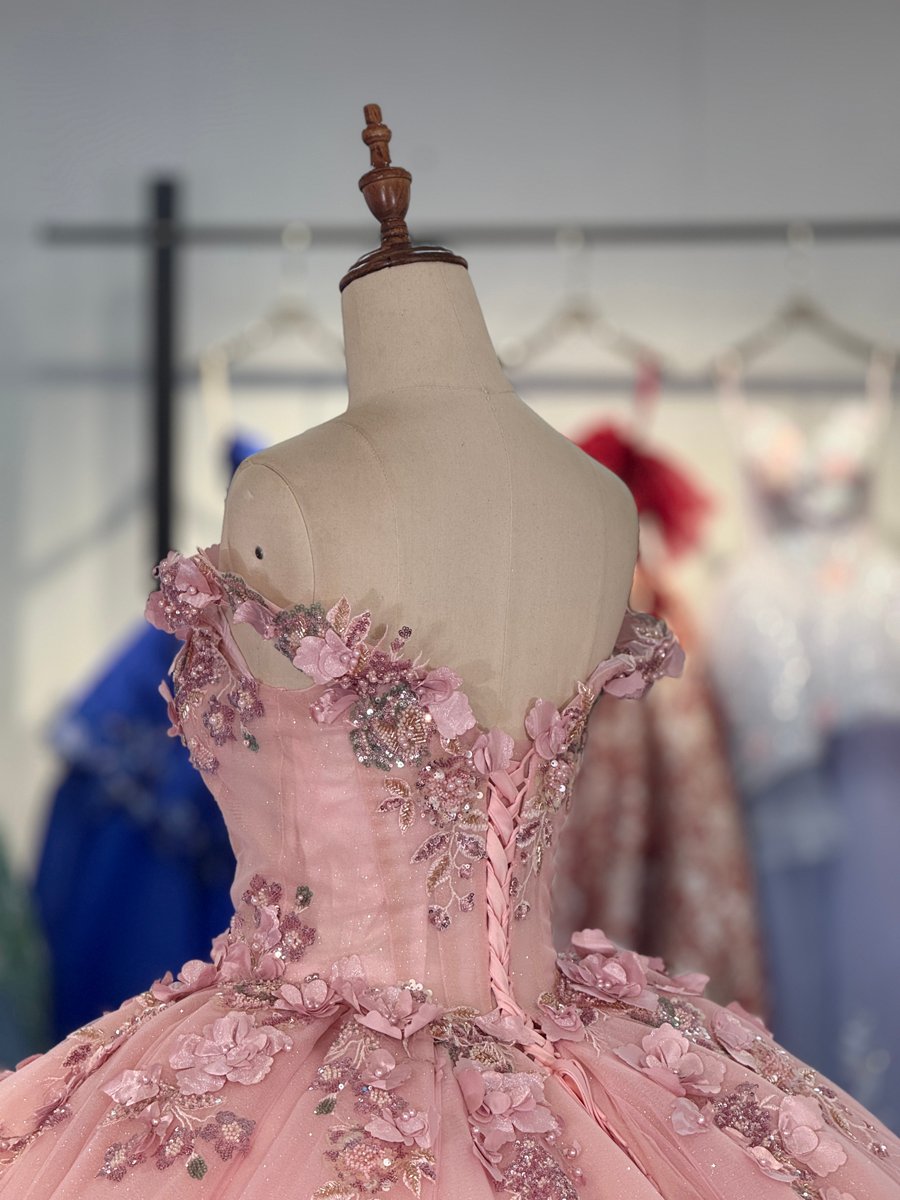 Luxury Pink Quinceanera Dress Off Shoulder 3D Flowers Ruffles Ball Gown Sweet 15 - Image 4